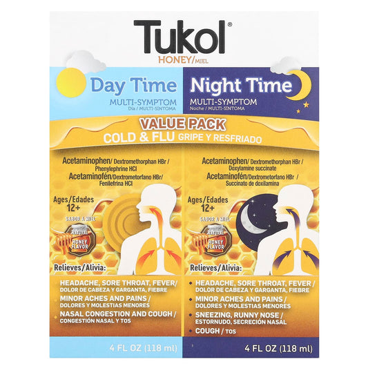 Tukol, Honey. Multi-Symptom Cold & Flu, Day Time & Night Time Value Pack, Ages 12+, Natural Honey, 2 Pack, 4 fl oz (118 ml) Each - Image 1