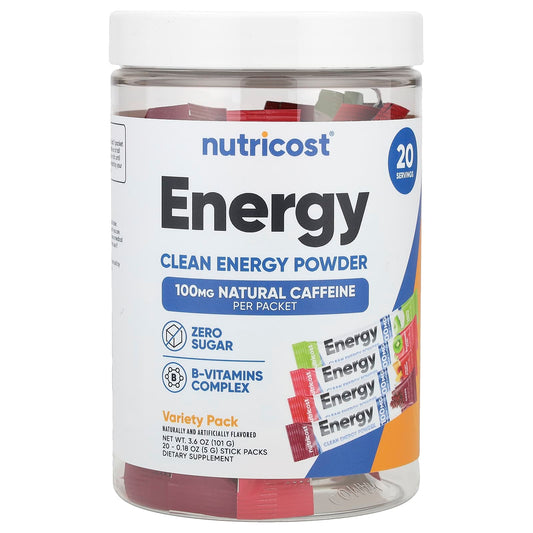 Nutricost, Energy, Clean Energy Powder, Variety Pack, 20 Stick Packs, 0.18 oz (5 g) Each - Image 1