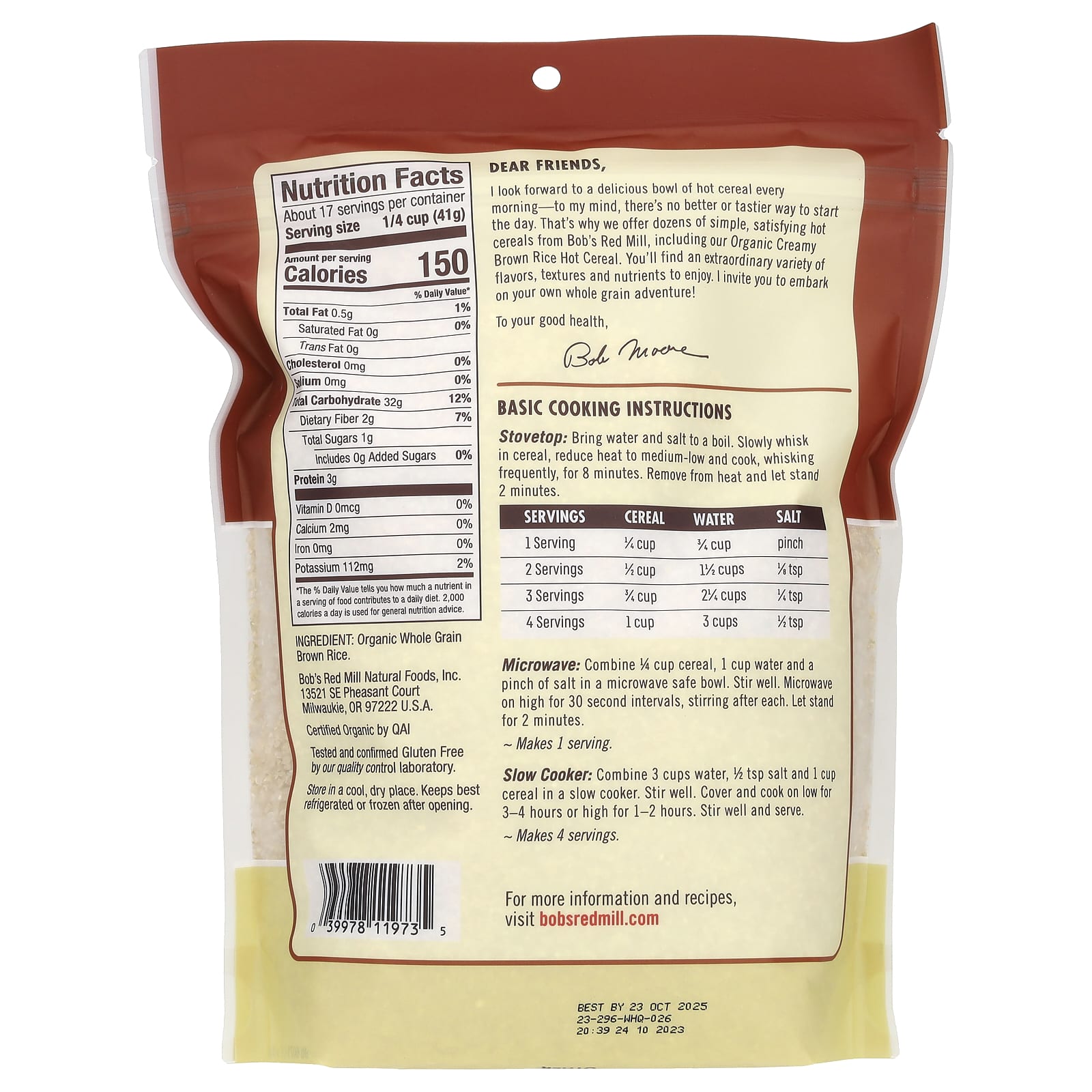 Bob's Red Mill Organic Creamy Brown Rice Hot Cereal 24 oz - Image 2