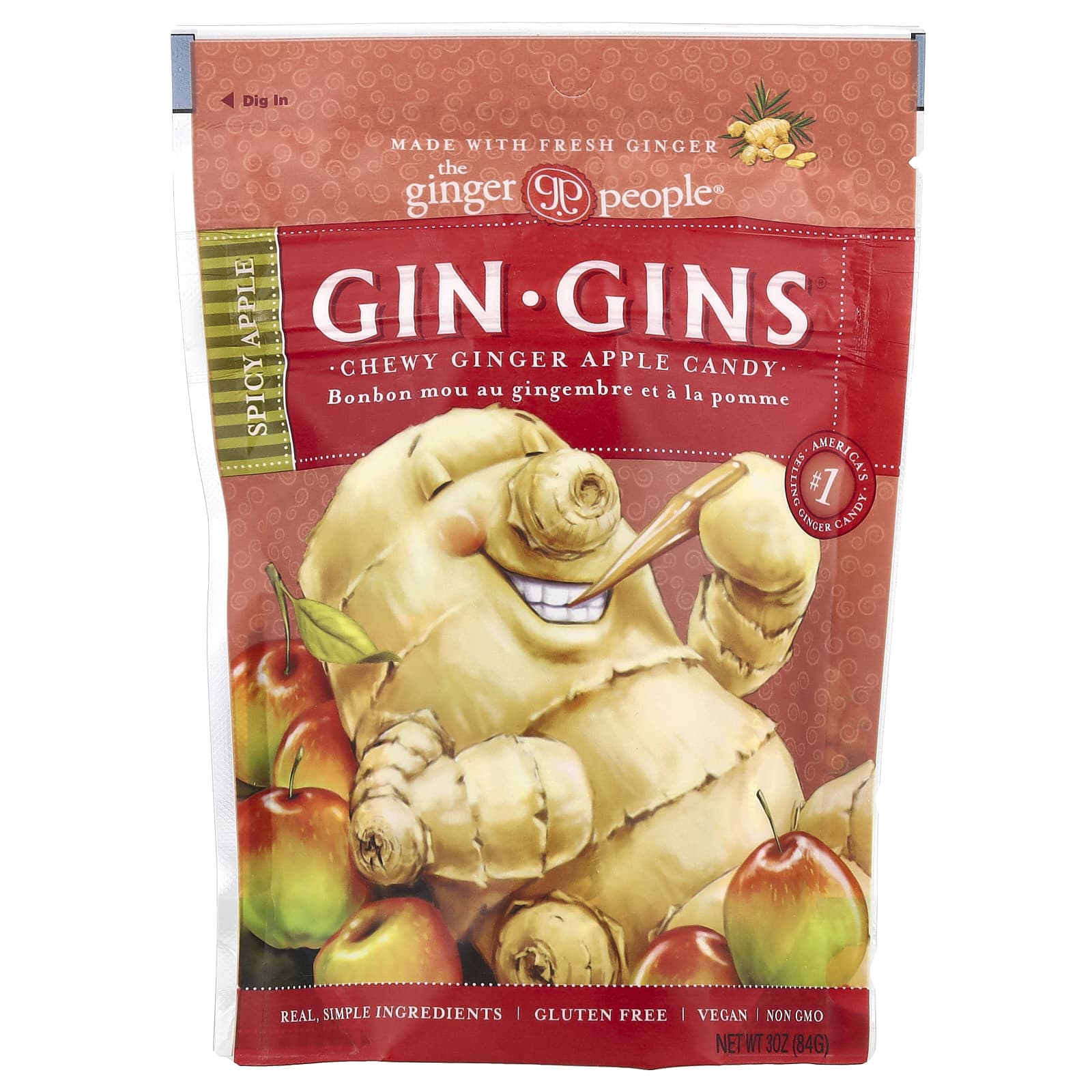 The Ginger People, Gin Gins®, Chewy Ginger Apple Candy, Spicy Apple, 3 oz (84 g) - Image 1
