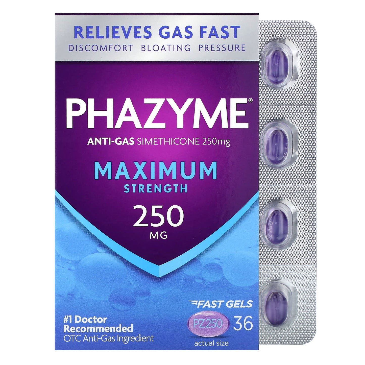 Phazyme, Anti-Gas, Maximum Strength, 250 mg, 36 Fast Gels - Image 1