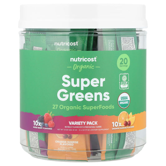 Nutricost, Organic Super Greens, Variety Pack, 20 Packets, 0.4 oz (11 g) Each - Image 1