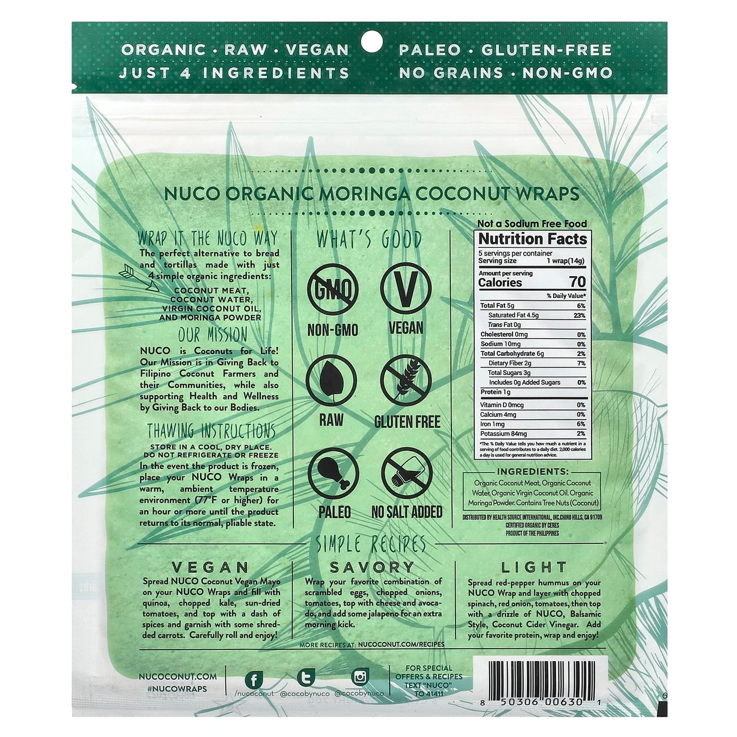 NUCO, Organic Coconut Wraps, Moringa, 5 Wraps, 14 g Each - Image 2