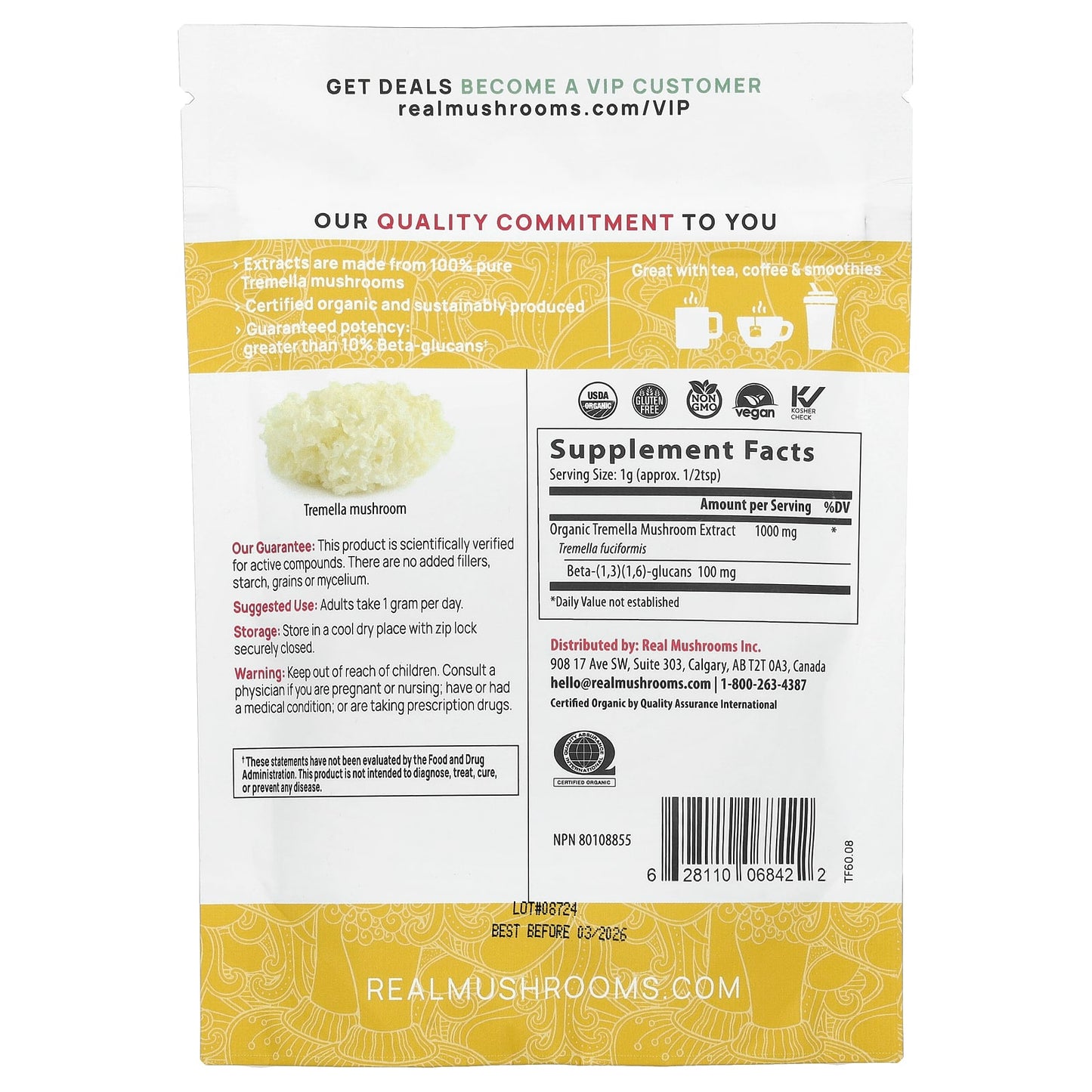 Real Mushrooms, Tremella, Organic Mushroom Extract Powder, 2.12 oz (60 g) - Image 2