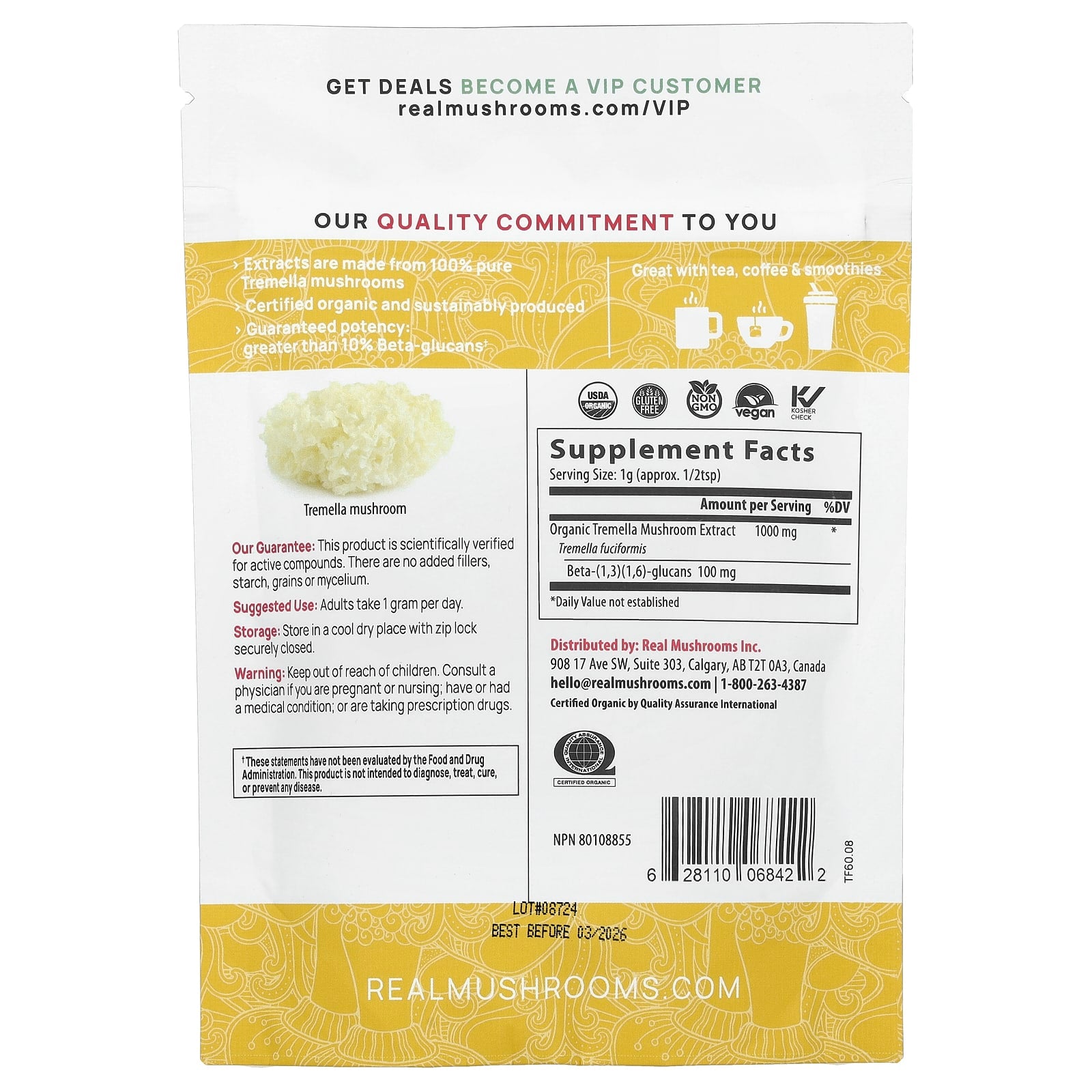 Real Mushrooms, Tremella, Organic Mushroom Extract Powder, 2.12 oz (60 g) - Image 2