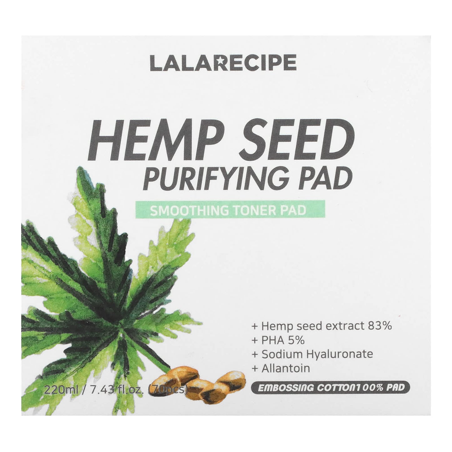 Lalarecipe, Hemp Seed Purifying Pad, Smoothing Toner, 70 Pads, 7.43 fl oz (220 ml) - Image 2