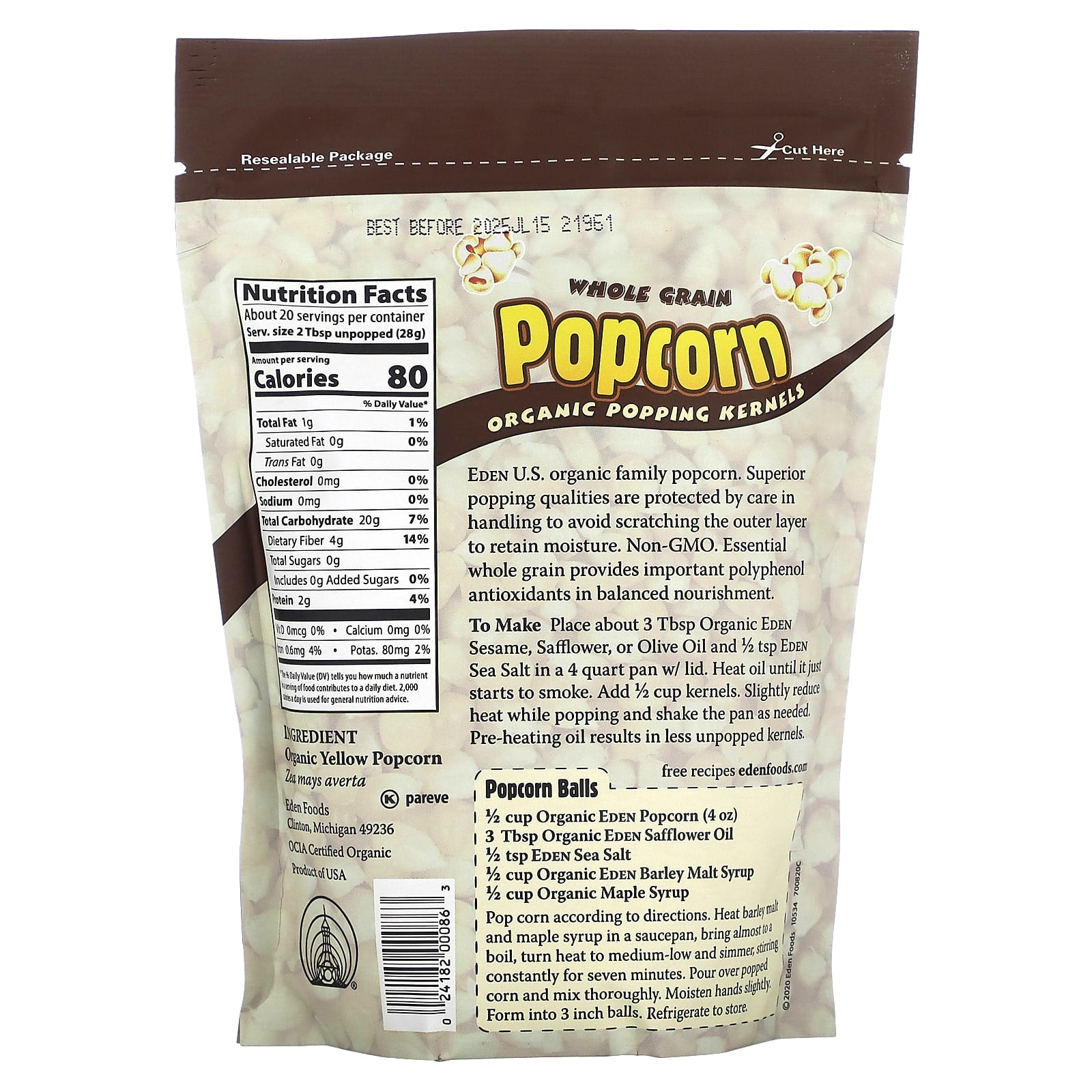 Organic Eden Popcorn Popping Kernels, 20 oz Non-GMO, Gluten-Free - Image 2
