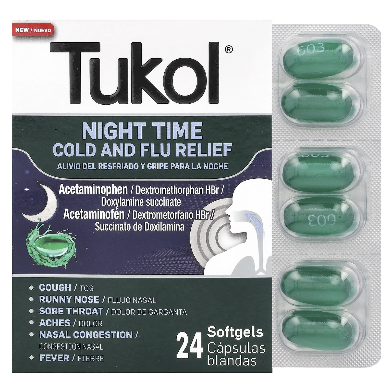 Tukol, Night Time Cold and Flu Relief, 24 Softgels - Image 1