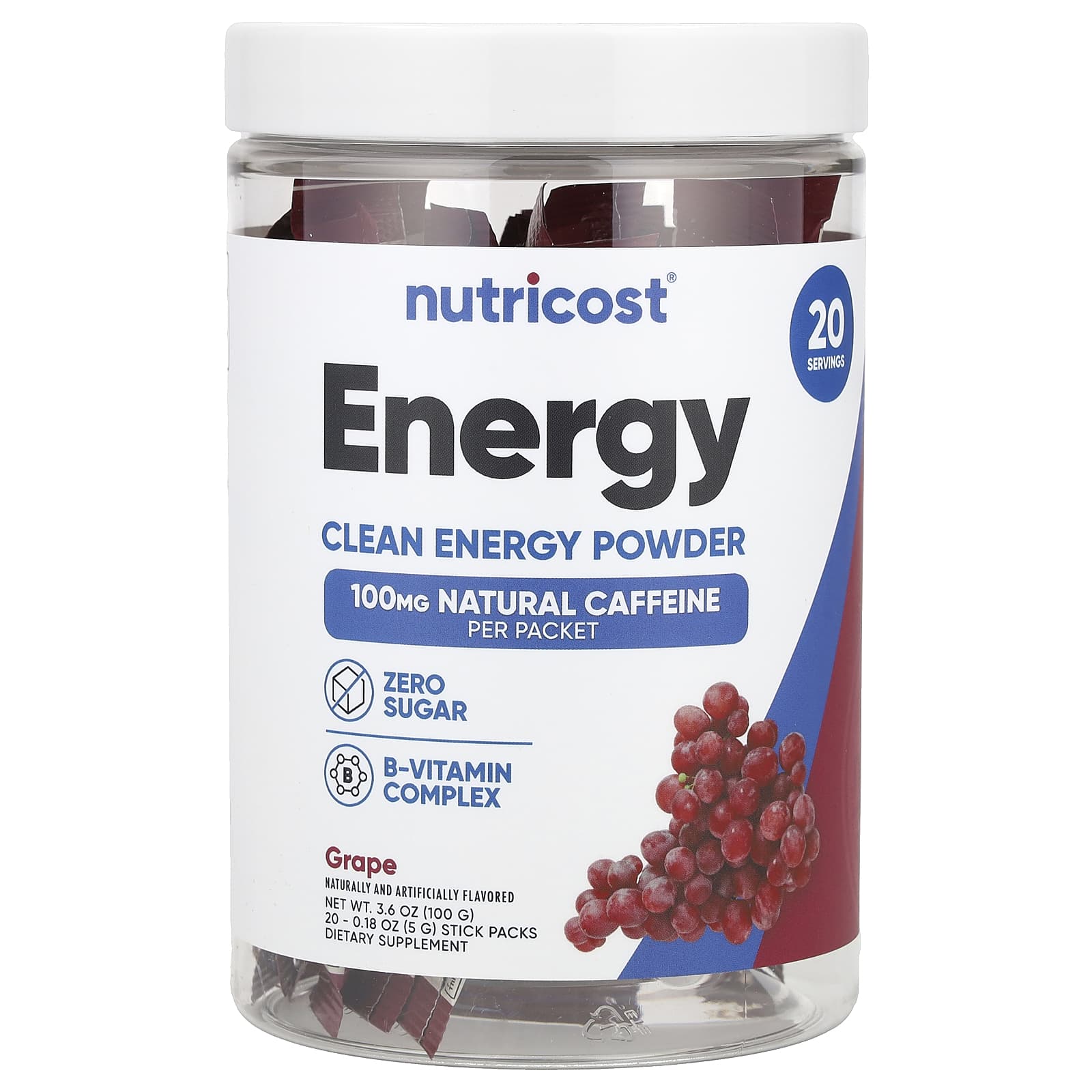Nutricost, Energy, Clean Energy Powder, Grape, 20 Stick Packs, 0.18 oz (5 g) Each - Image 1