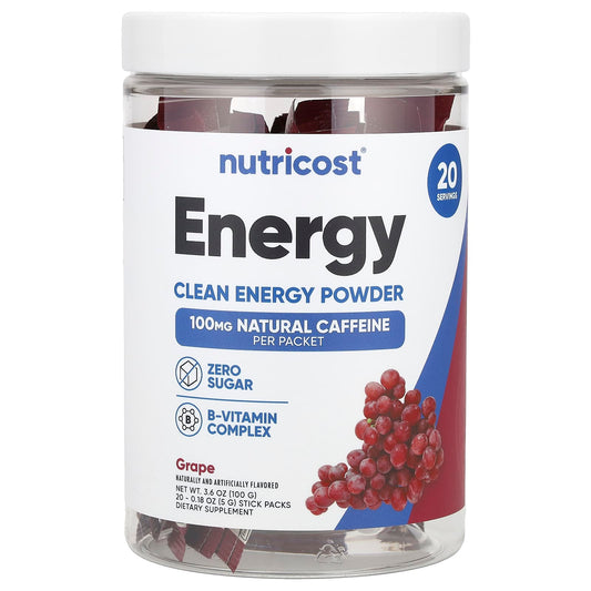 Nutricost, Energy, Clean Energy Powder, Grape, 20 Stick Packs, 0.18 oz (5 g) Each - Image 1