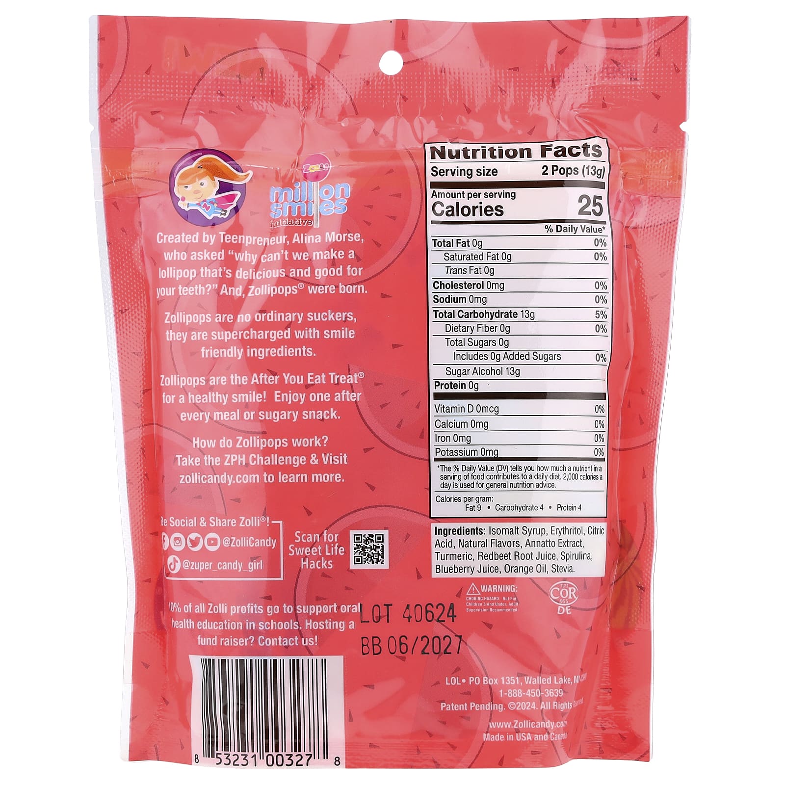 Zollipops, The Clean Teeth Pops, Watermelon, 3.1 oz (88 g) - Image 2