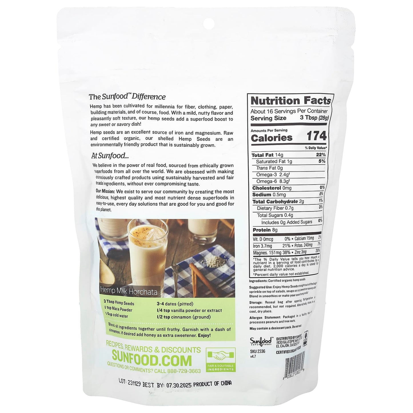 Sunfood, Superfoods, Raw Organic Hemp Seeds, 1 lb (454 g) - Image 2