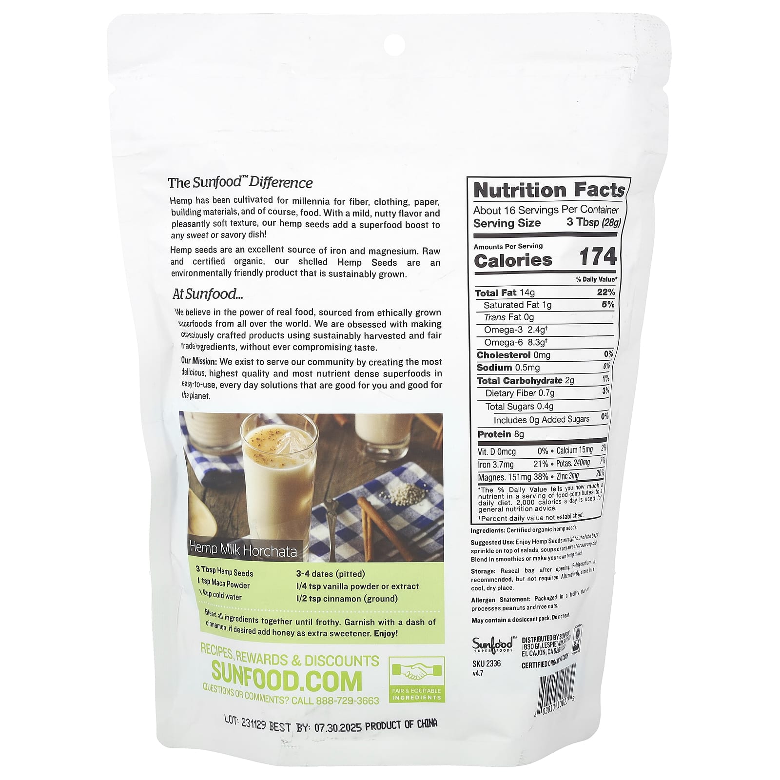 Sunfood, Superfoods, Raw Organic Hemp Seeds, 1 lb (454 g) - Image 2