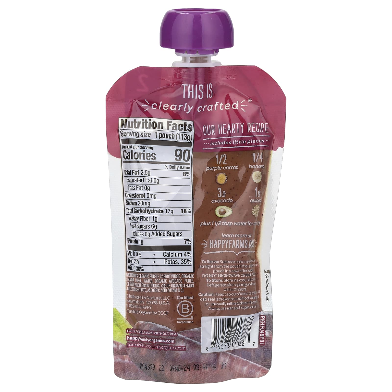 Happy Family Organics, Happy Baby®, Organic Baby Food, 6+ Months, Purple Carrots, Bananas, Avocados & Quinoa, 4 oz (113 g)