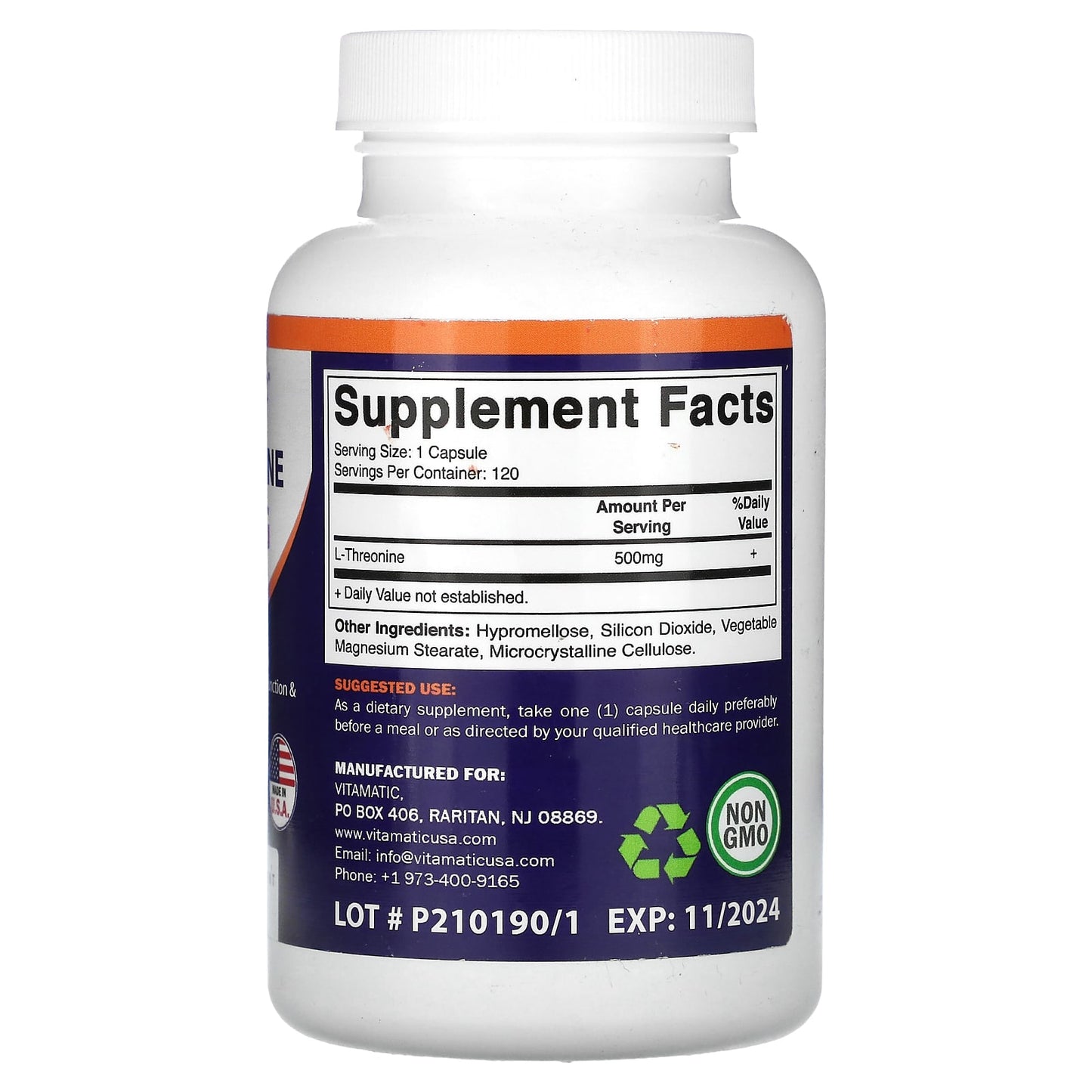 Vitamatic, L-Threonine, 500 mg , 120 Vegetable Capsules - Image 2