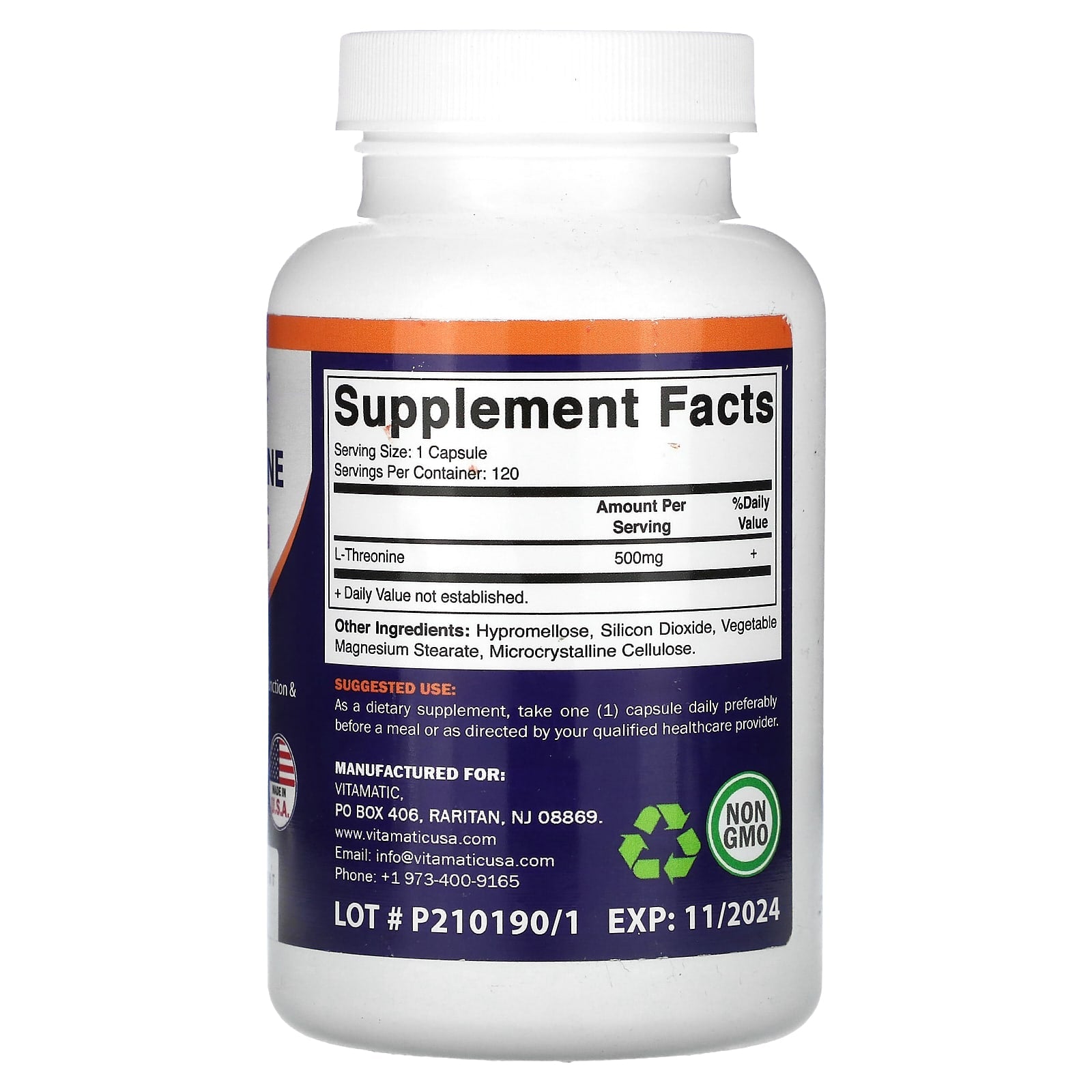 Vitamatic, L-Threonine, 500 mg , 120 Vegetable Capsules - Image 2