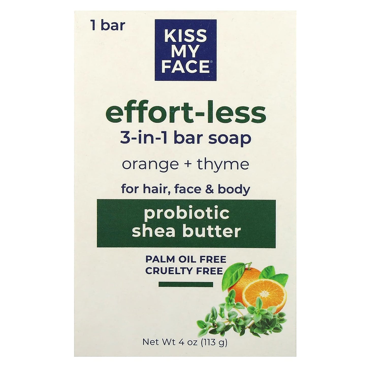 Kiss My Face, Effort-Less 3-in-1 Bar Soap, Orange + Thyme, 1 Bar, 4 oz (113 g) - Image 1