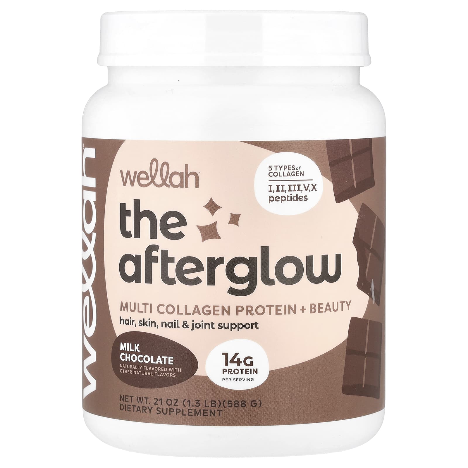 Wellah, The Afterglow, Multi Collagen Protein + Beauty, Milk Chocolate, 1.3 lb (588 g) - Image 1