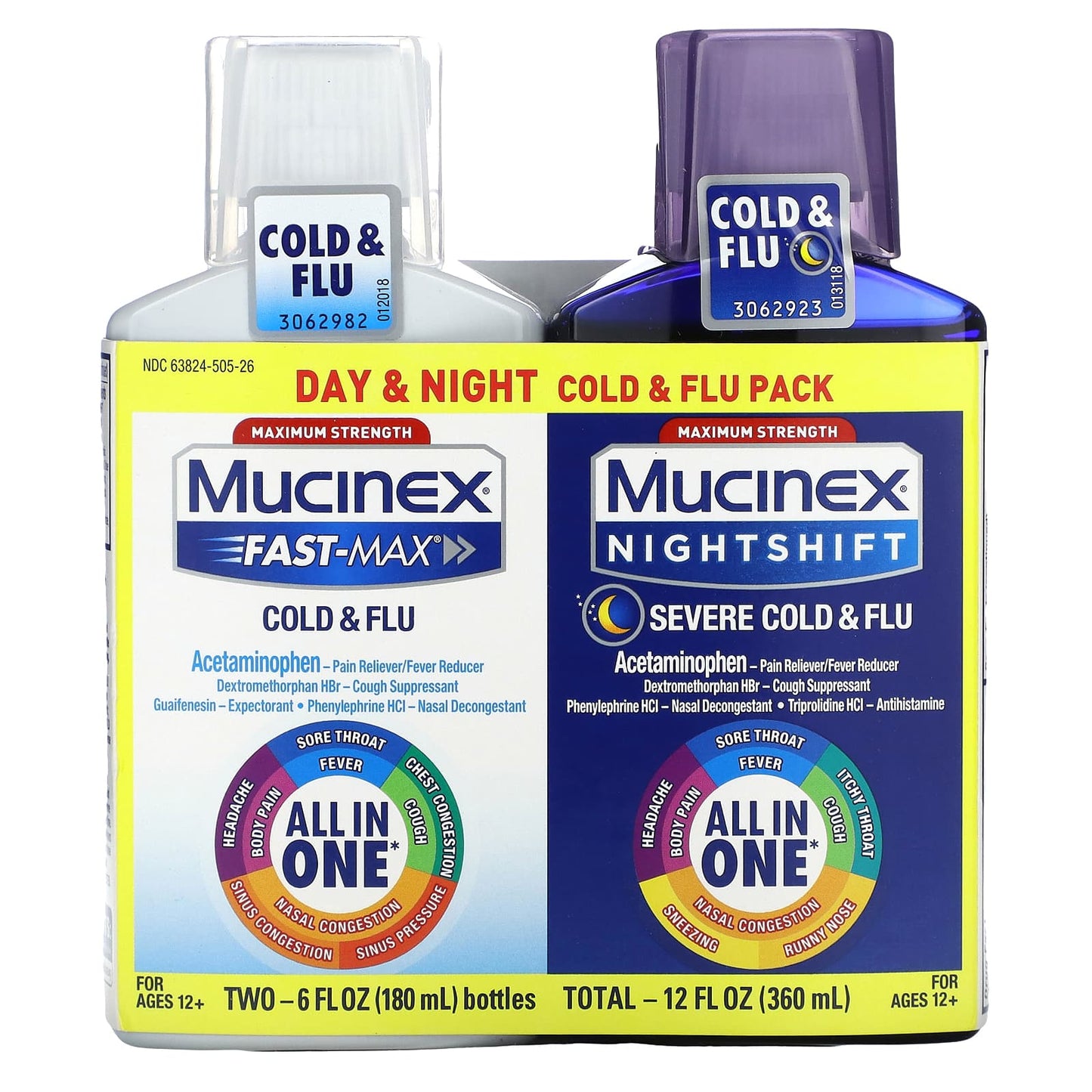 Mucinex, Day & Night Cold & Flu Pack, Maximum Strength, For Ages 12+, 2 Bottles, 6 fl oz (180 ml) Each - Image 1