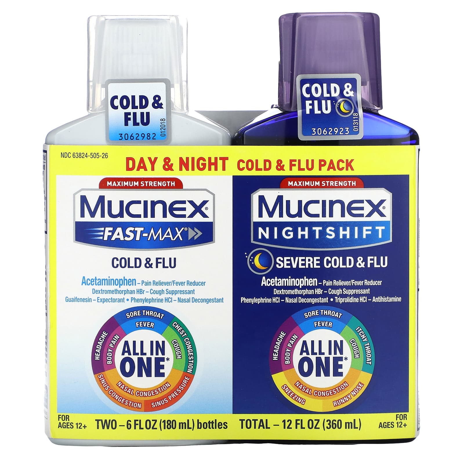 Mucinex, Day & Night Cold & Flu Pack, Maximum Strength, For Ages 12+, 2 Bottles, 6 fl oz (180 ml) Each - Image 1