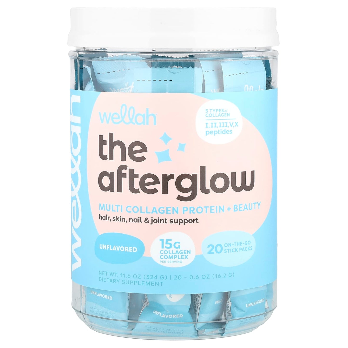 Wellah, The Afterglow, Multi Collagen Protein + Beauty, Unflavored, 20 Stick Packs, 0.6 oz (16.2 g) Each - Image 1
