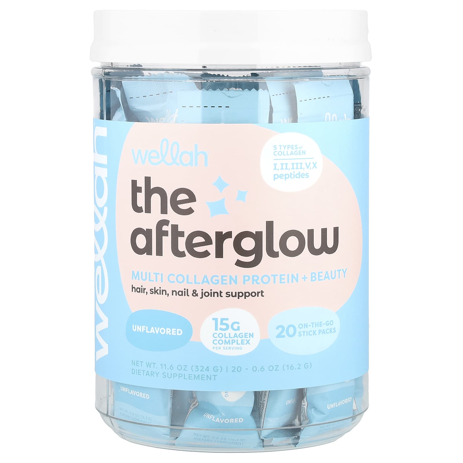 Wellah, The Afterglow, Multi Collagen Protein + Beauty, Unflavored, 20 Stick Packs, 0.6 oz (16.2 g) Each - Image 1