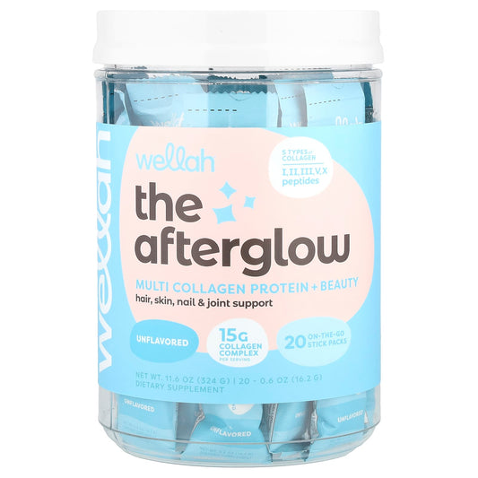 Wellah, The Afterglow, Multi Collagen Protein + Beauty, Unflavored, 20 Stick Packs, 0.6 oz (16.2 g) Each - Image 1