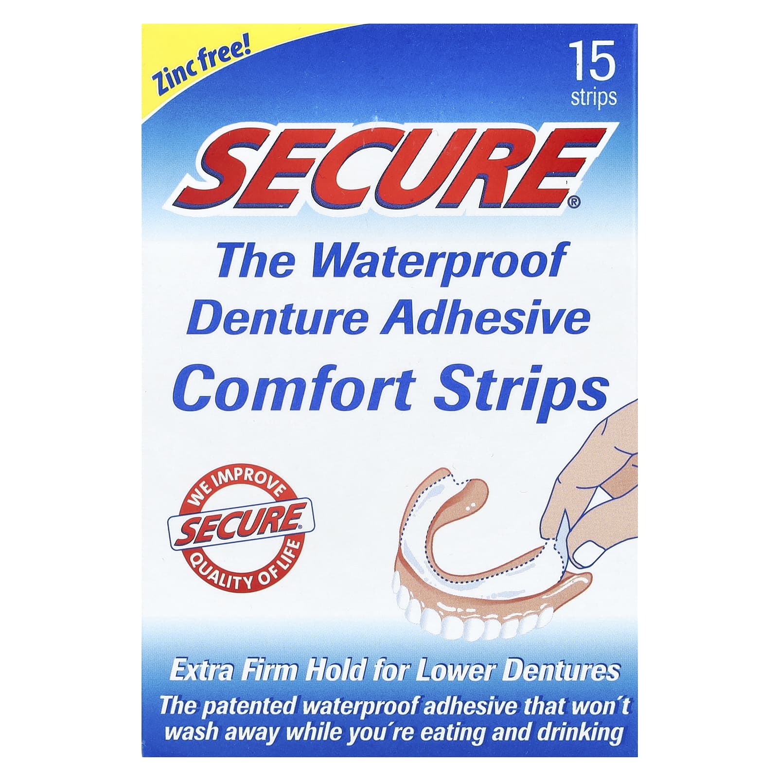 Secure Denture, The Waterproof Denture Adhesive Comfort Strips, 15 Strips - Image 1