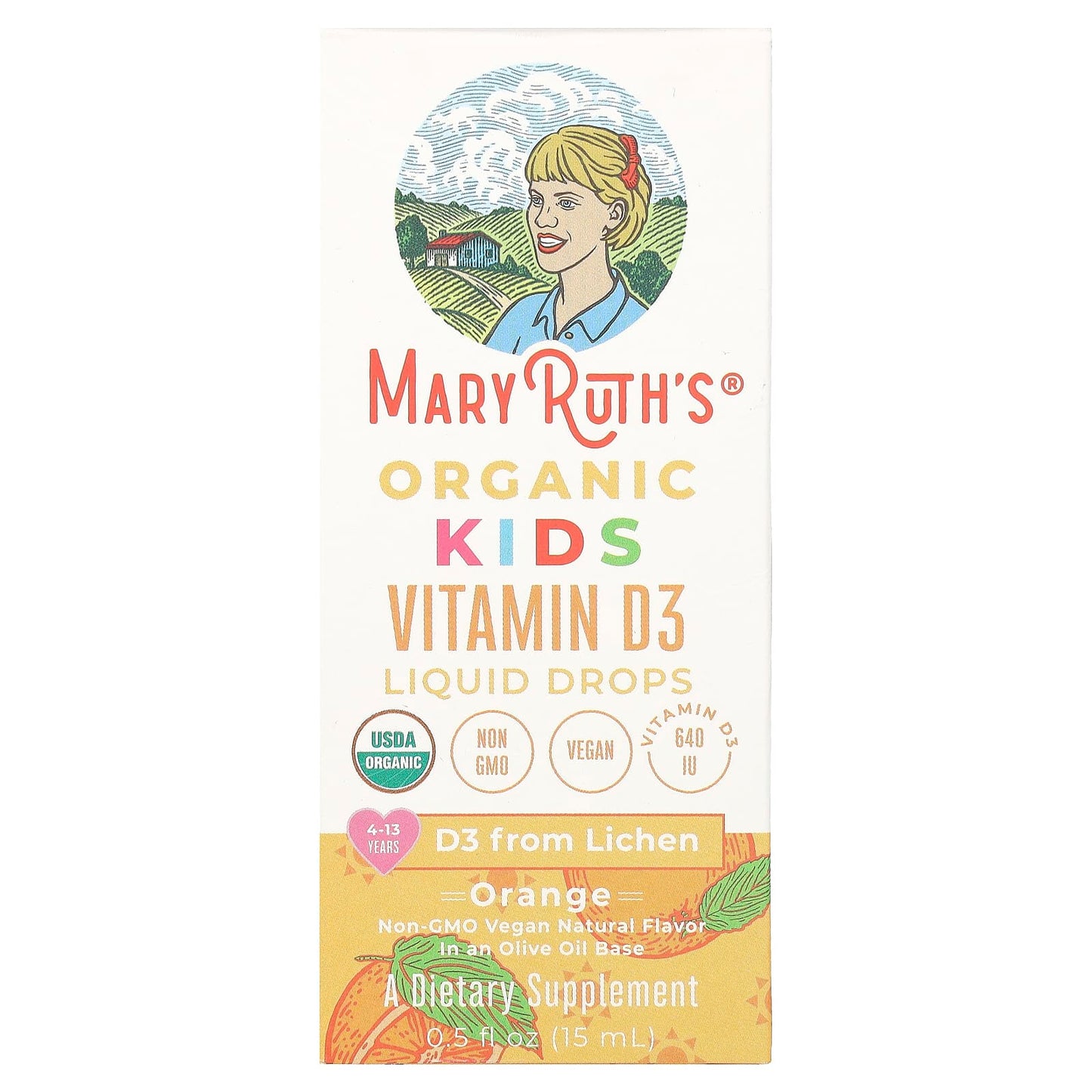 MaryRuth's, Organic Kids Vitamin D3 Liquid Drops, 4-13 Years, Orange, 640 IU, 0.5 fl oz (15 ml) - Image 1