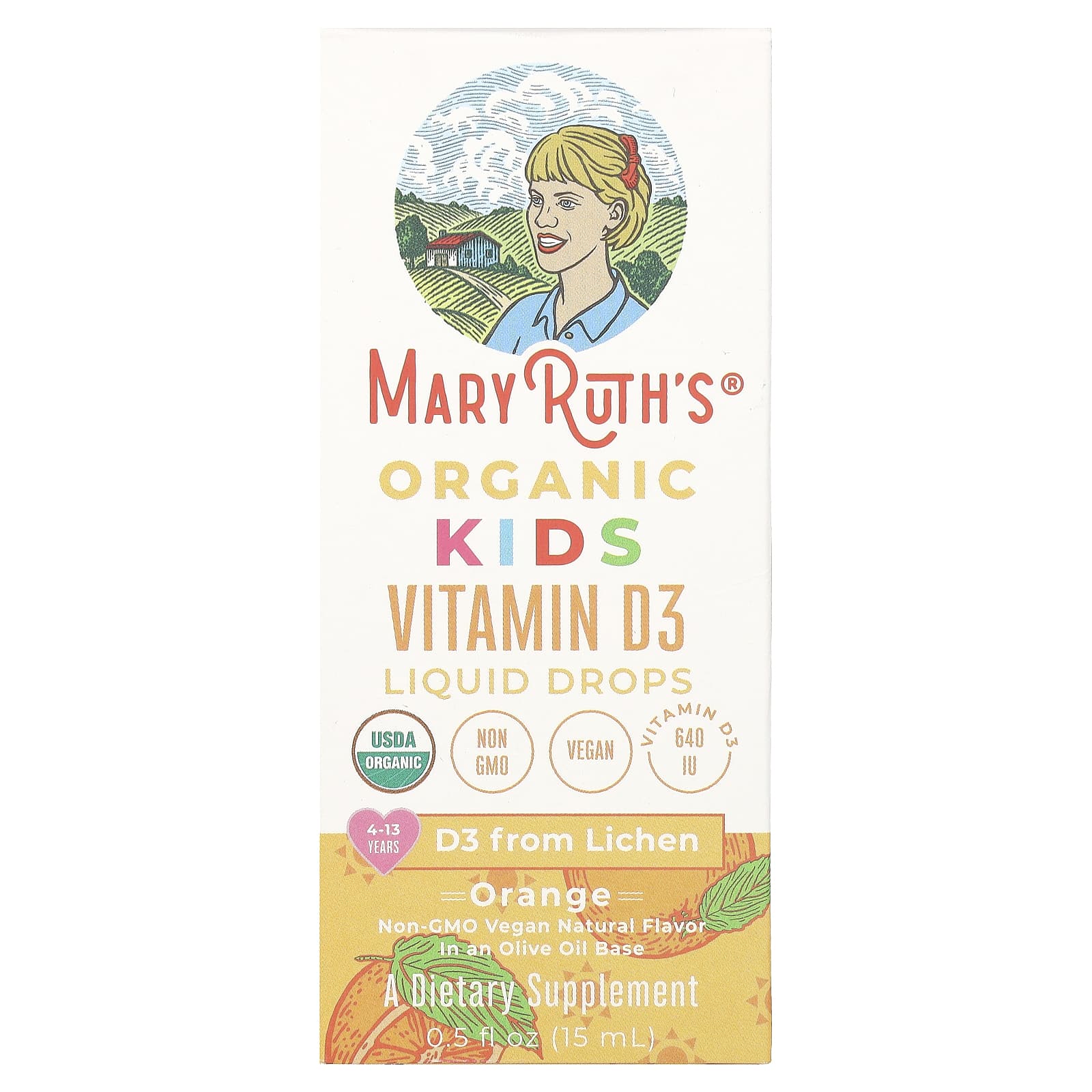 MaryRuth's, Organic Kids Vitamin D3 Liquid Drops, 4-13 Years, Orange, 640 IU, 0.5 fl oz (15 ml) - Image 1