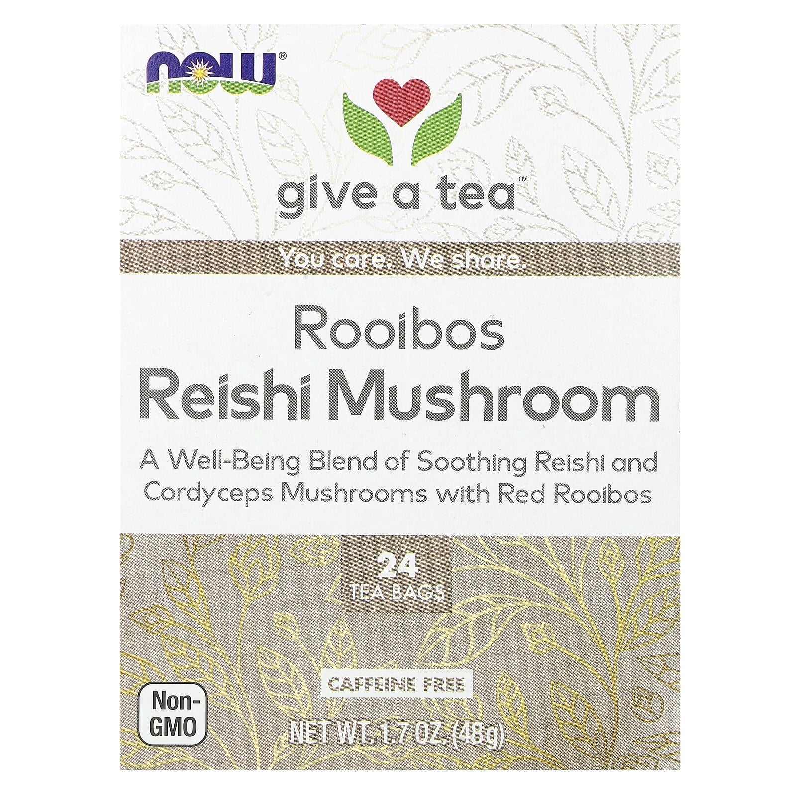 NOW Foods, Rooibos Reishi Mushroom Tea, Caffeine Free, 24 Tea Bags, 1.7 oz (48 g) - Image 1