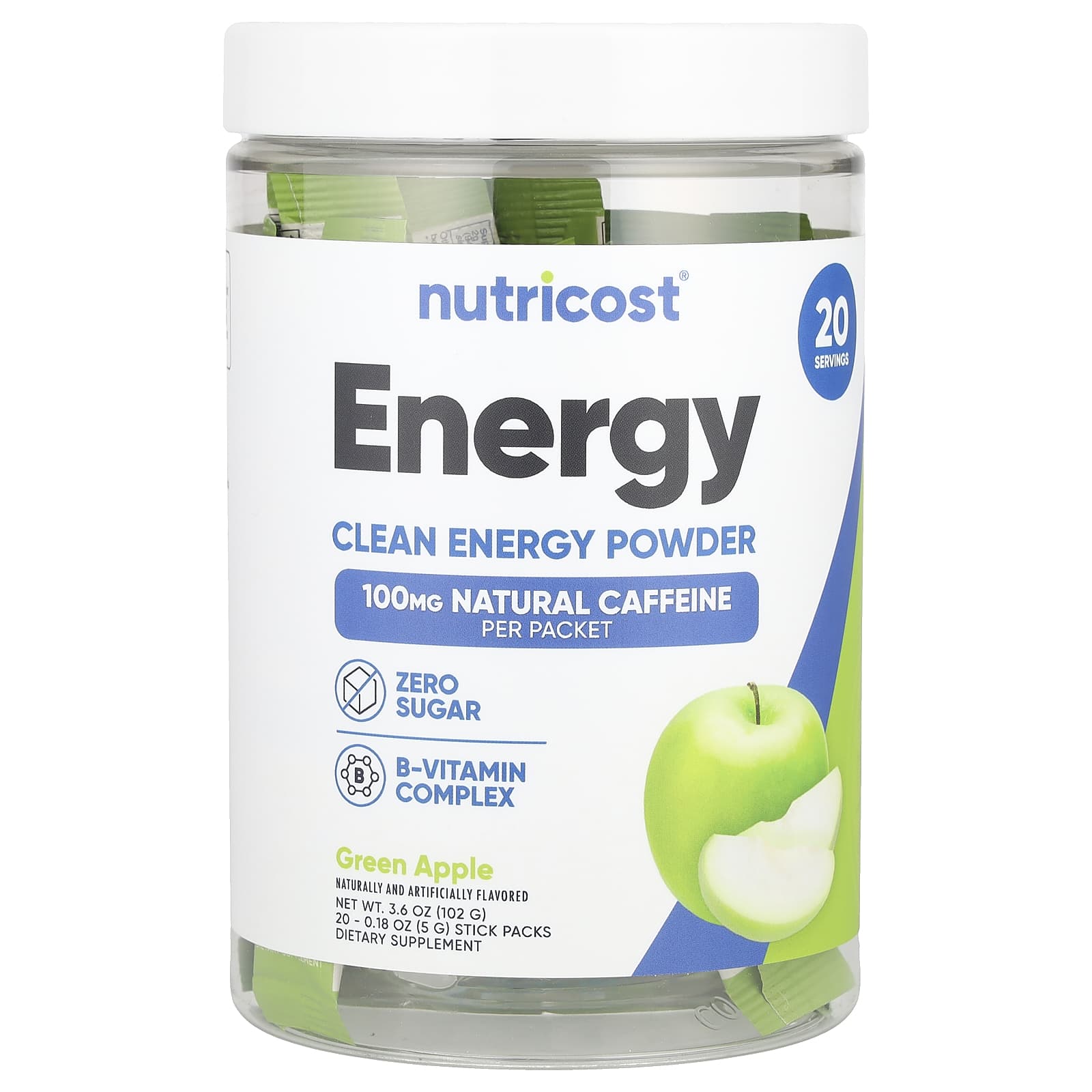 Nutricost, Energy, Clean Energy Powder, Green Apple, 20 Stick Packs, 0.18 oz (5 g) Each - Image 1