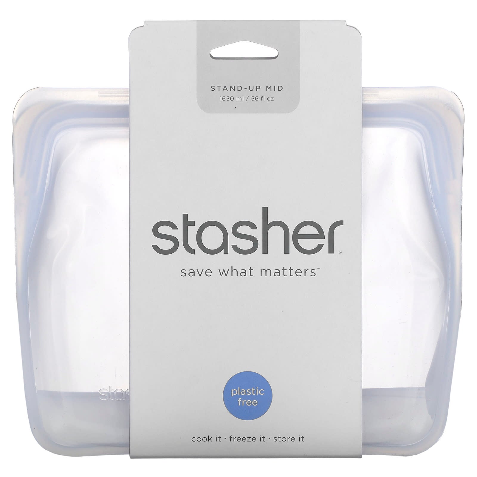Stasher, Reusable Silicone Food Bag, Stand Up Mid, Clear, 56 fl oz (1,650 ml) - Image 1
