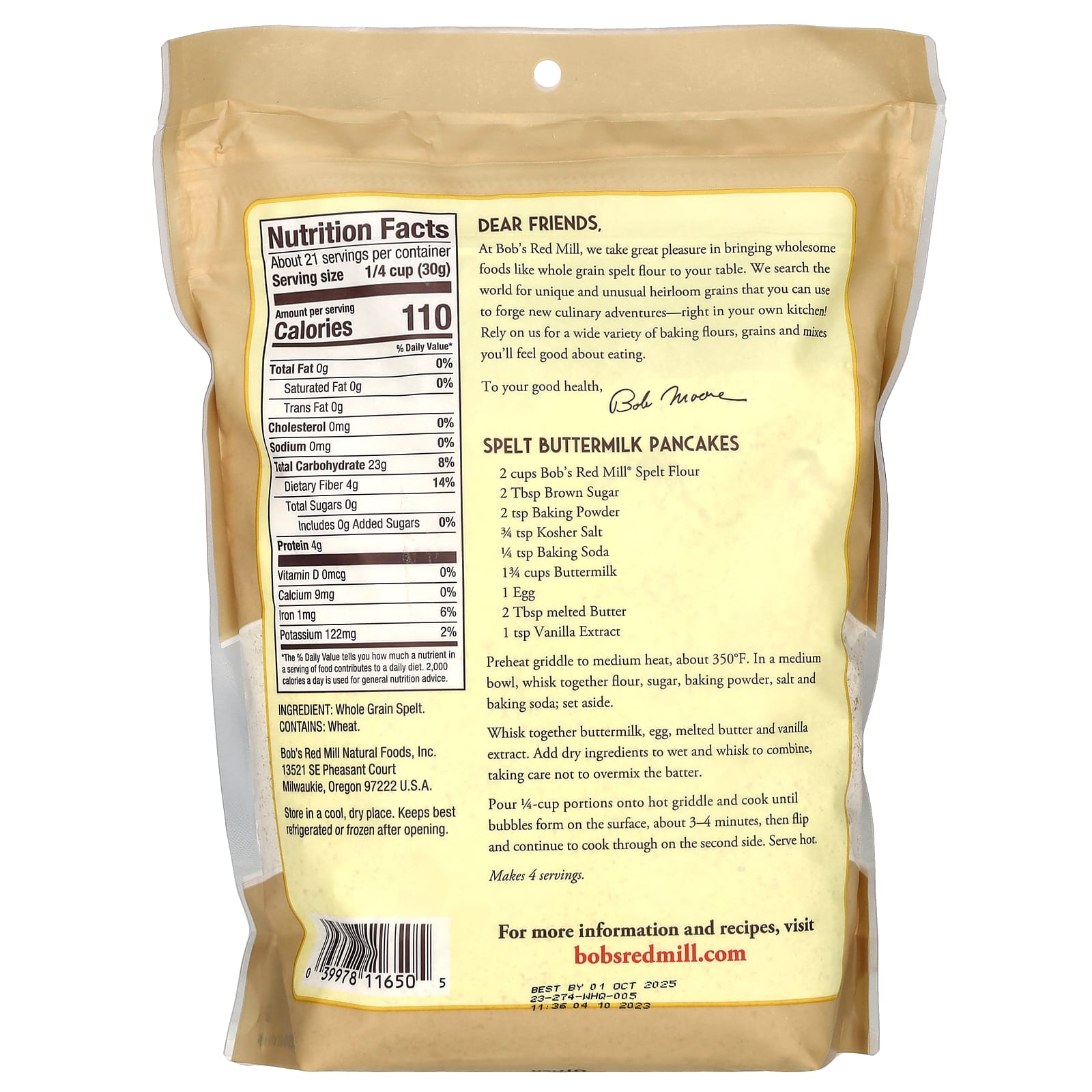 Whole Grain Spelt Flour by Bob's Red Mill - 22 oz (624g) - Image 2