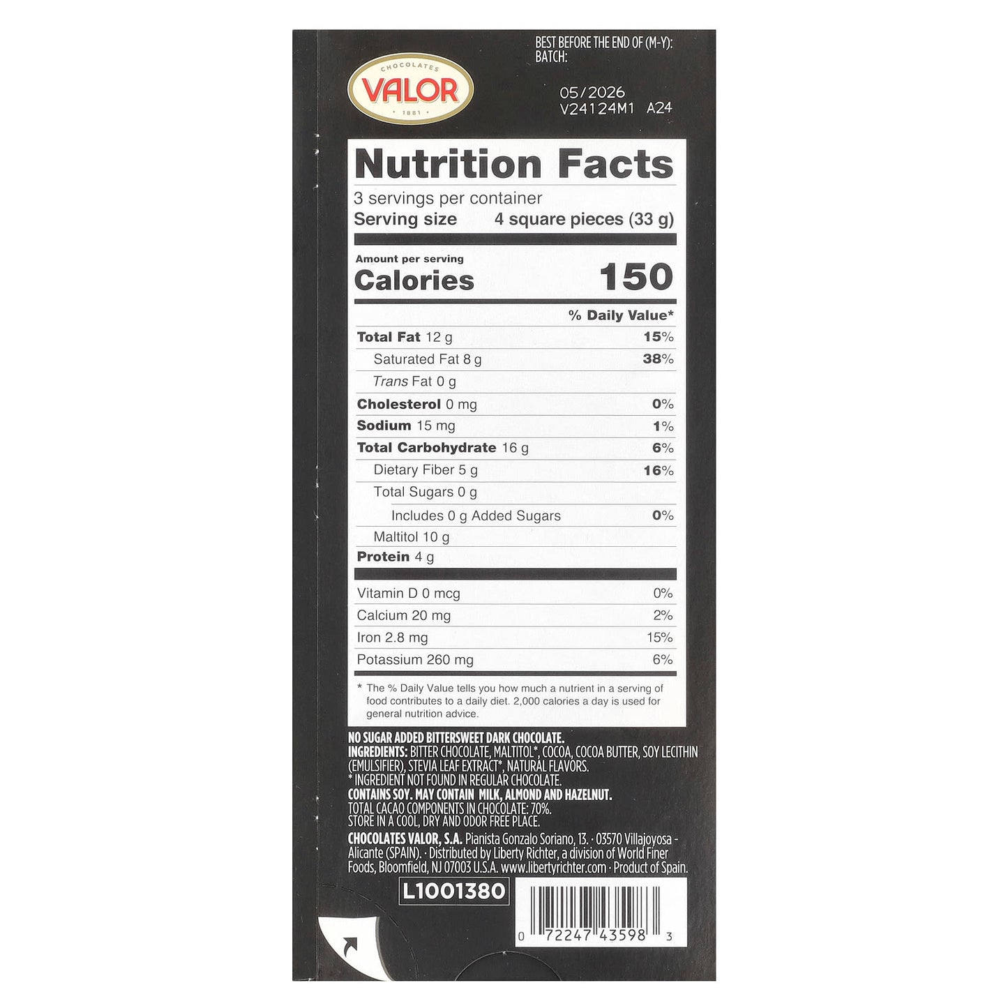 Valor, 0% Sugar Added, 70% Cocoa Dark Chocolate, 3.5 oz (100 g) - Image 2