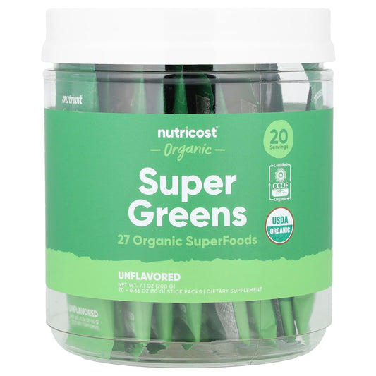 Nutricost, Organic Super Greens, Unflavored, 20 Stick Packs, 0.36 oz (10 g) Each - Image 1