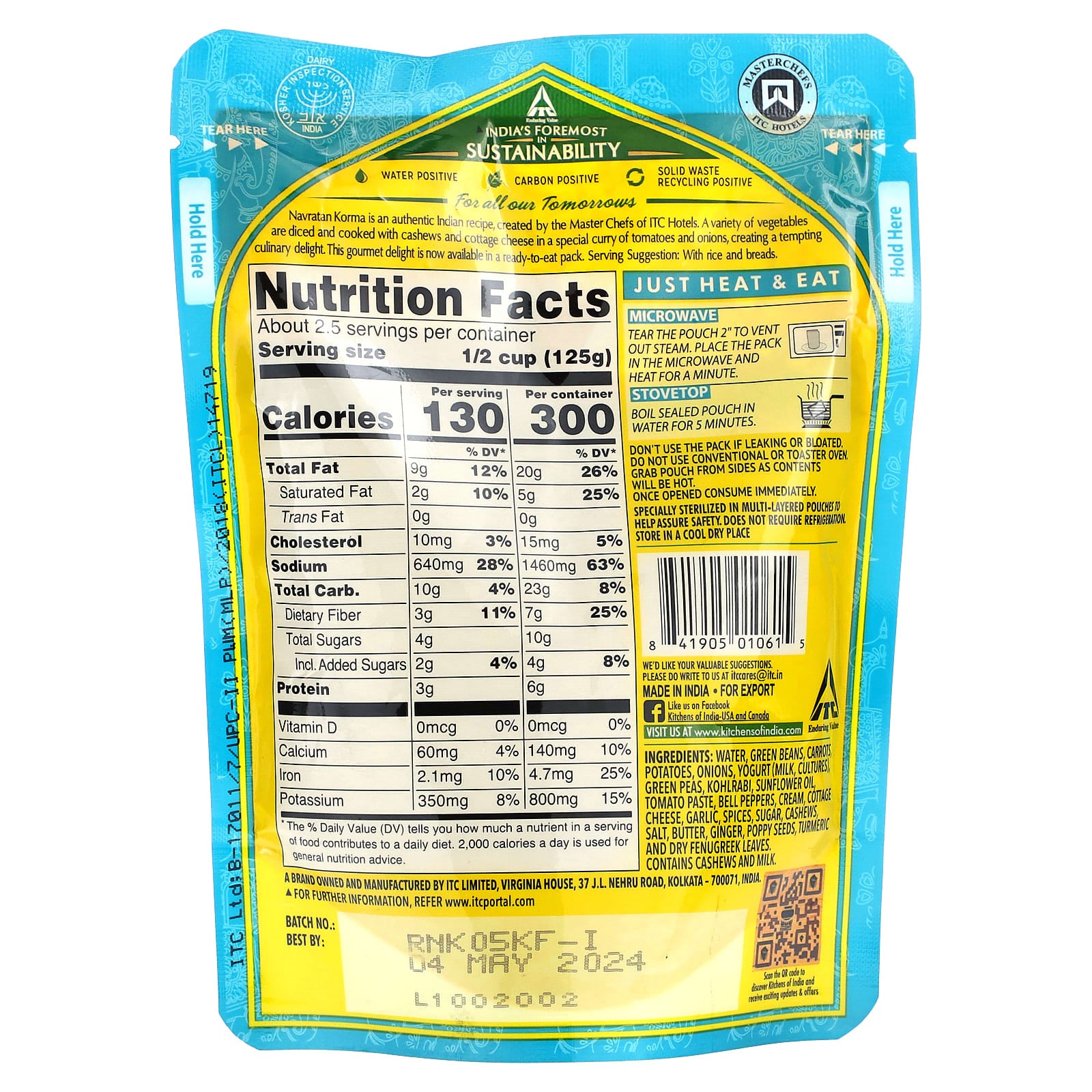 Kitchens of India, Navratan Korma, Mixed Vegetable Curry with Cottage Cheese, Mild, 10 oz (285 g) - Image 2