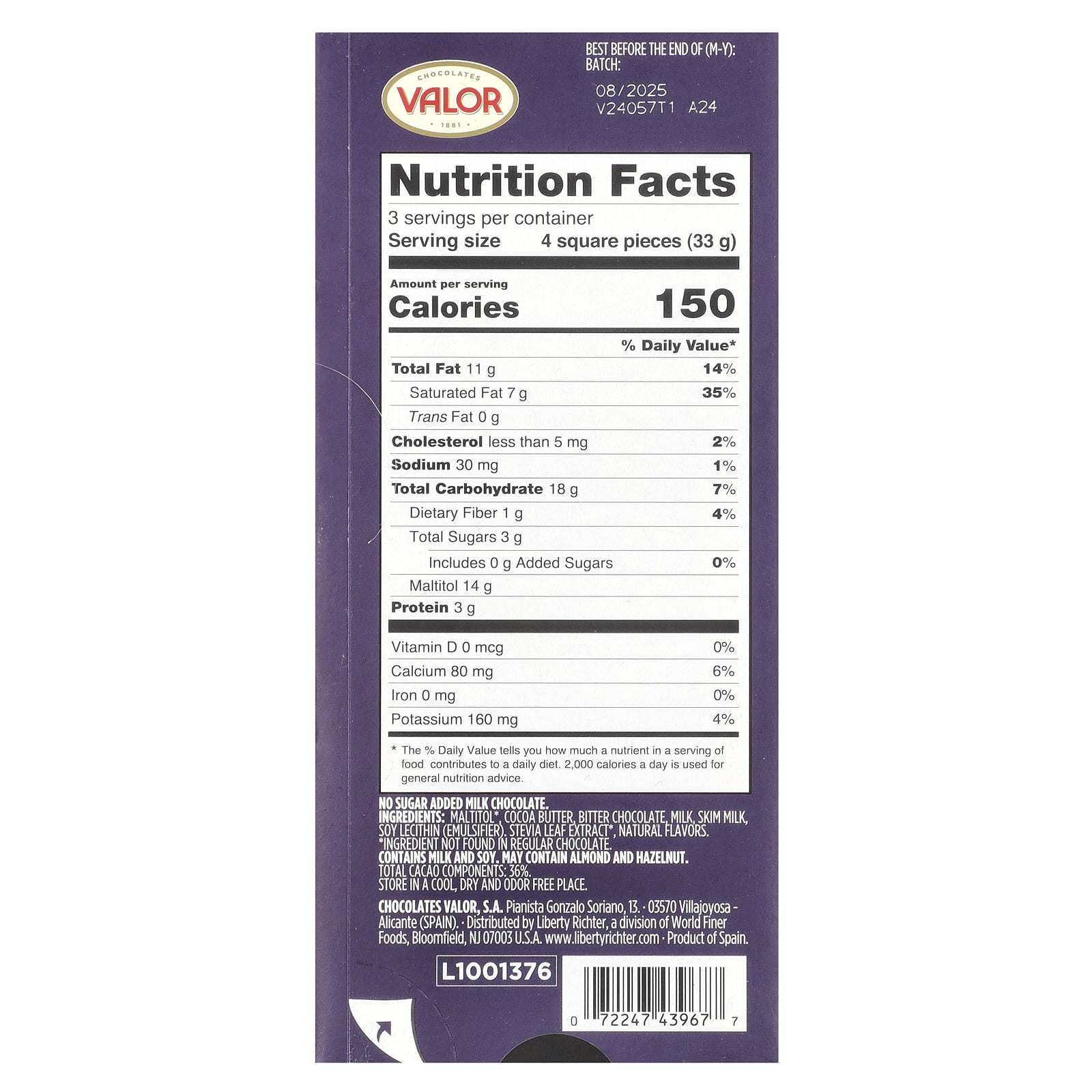Valor, 0% Sugar Added, Milk Chocolate, 3.5 oz (100 g) - Image 2