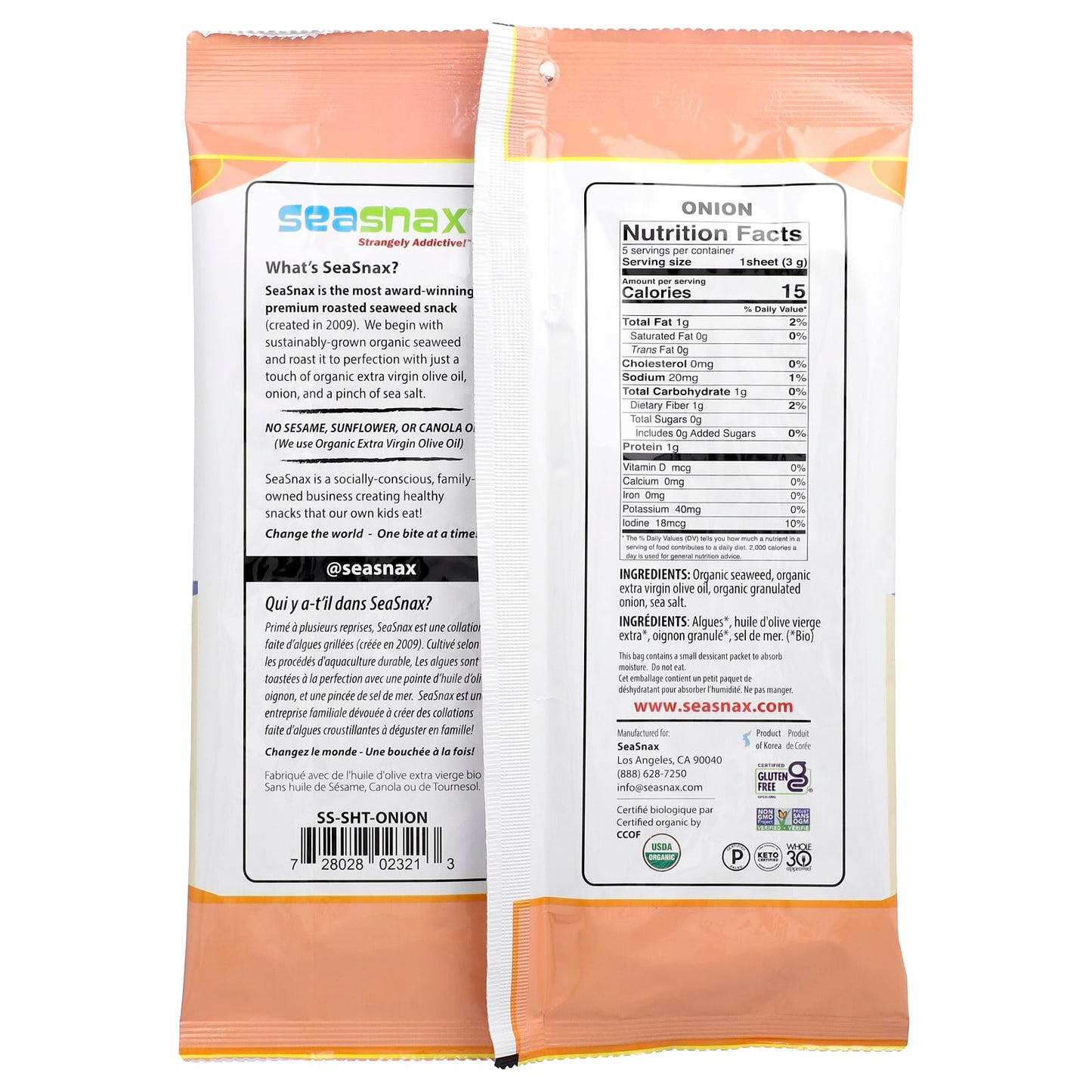 SeaSnax, Organic Roasted Seaweed Wrapz with Extra Virgin Olive Oil & Sea Salt, Toasty Onion, 5 Large Sheets, 0.54 oz (15 g) - Image 2