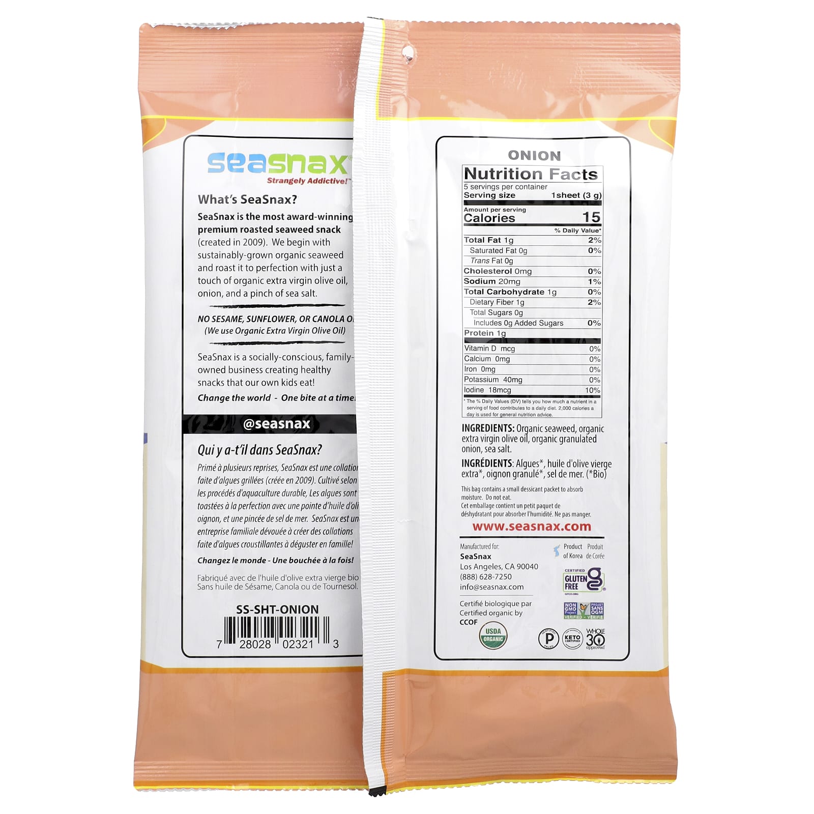 SeaSnax, Organic Roasted Seaweed Wrapz with Extra Virgin Olive Oil & Sea Salt, Toasty Onion, 5 Large Sheets, 0.54 oz (15 g) - Image 2
