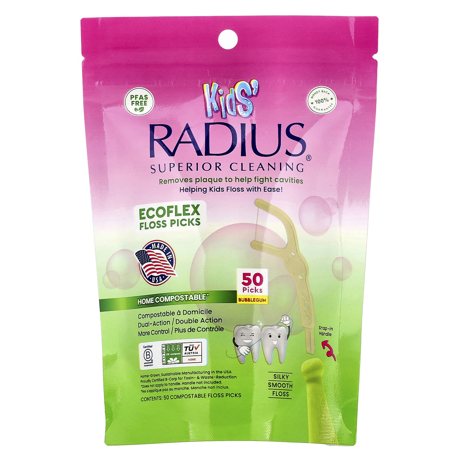 RADIUS, Kids, EcoFlex Floss Picks, Bubblegum, 50 Compostable Floss Picks - Image 1