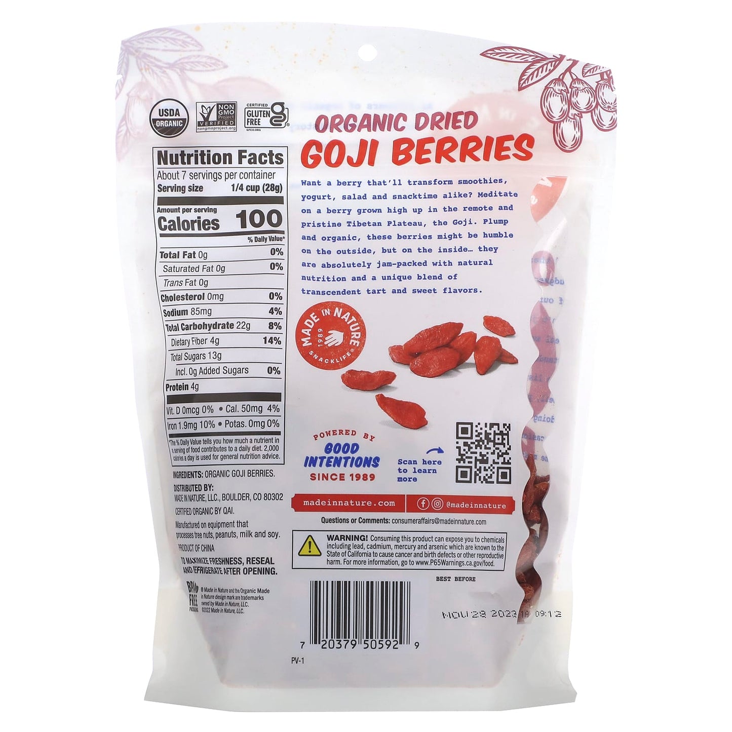 Made in Nature, Organic Dried Goji Berries, Sun-Dried, Unsulfured, 7 oz (198 g) - Image 2