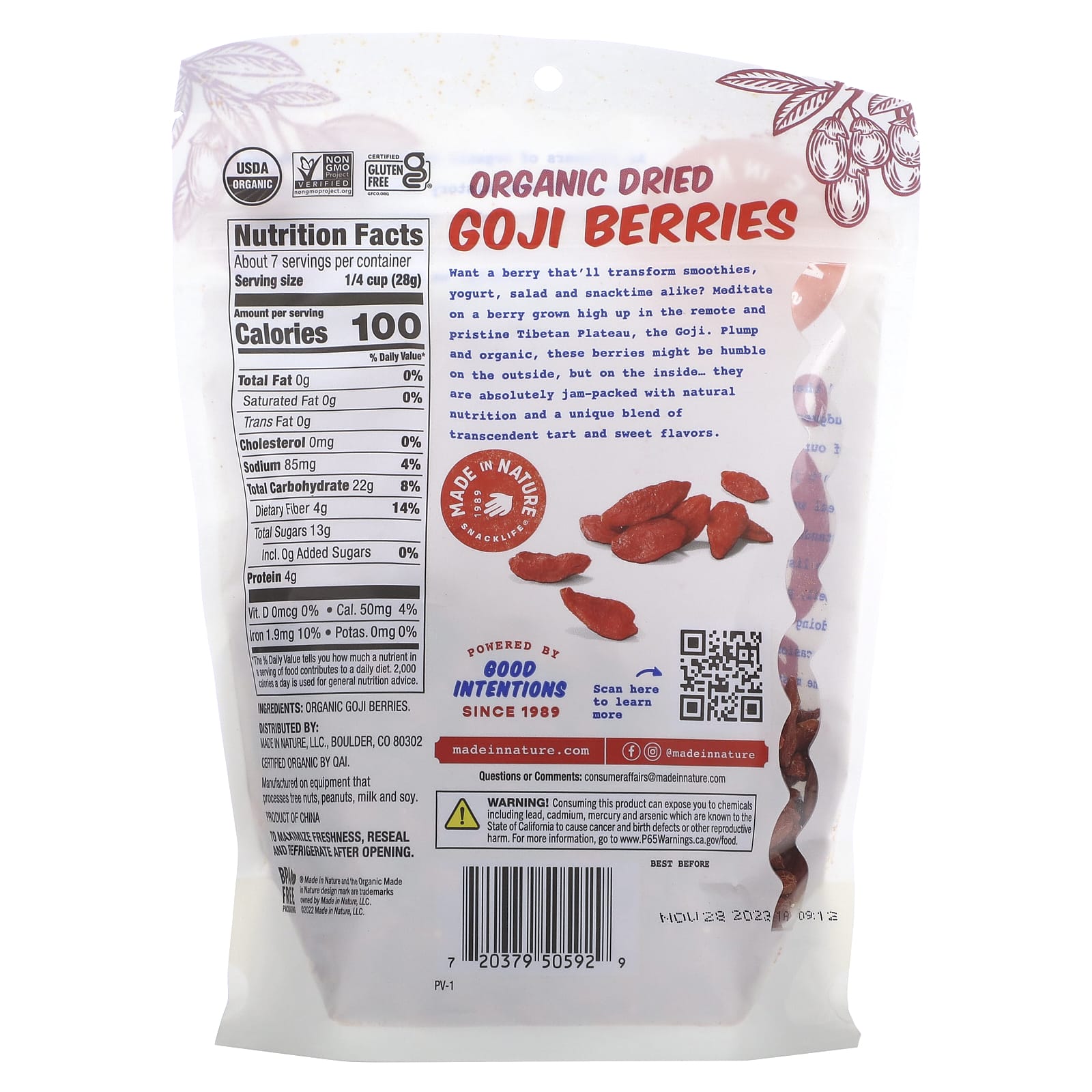 Made in Nature, Organic Dried Goji Berries, Sun-Dried, Unsulfured, 7 oz (198 g) - Image 2