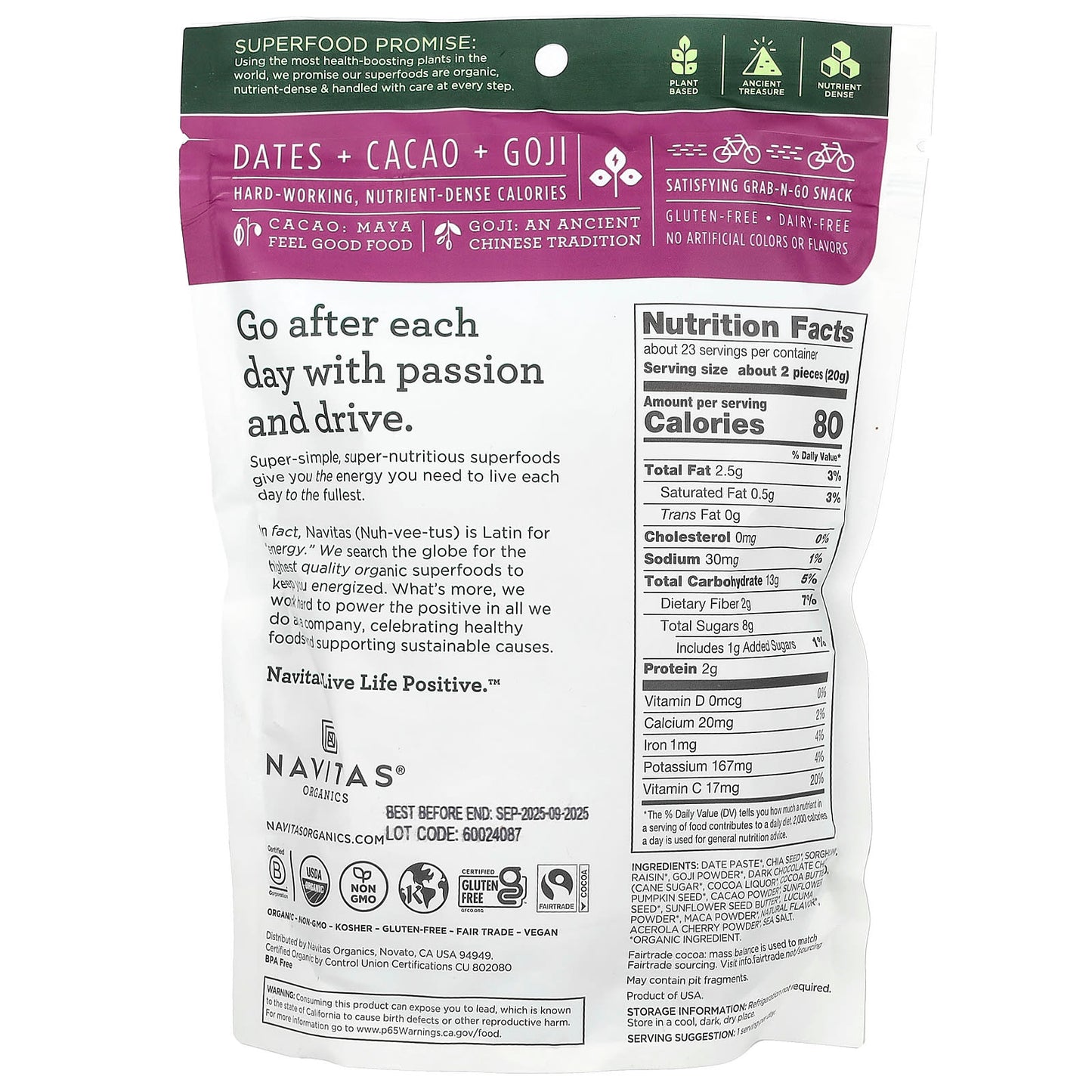 Navitas Organics, Organic Power Snacks, Cacao Goji, 16 oz (454 g) - Image 2