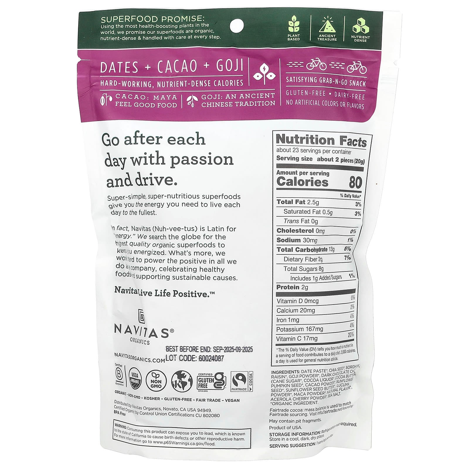 Navitas Organics, Organic Power Snacks, Cacao Goji, 16 oz (454 g) - Image 2