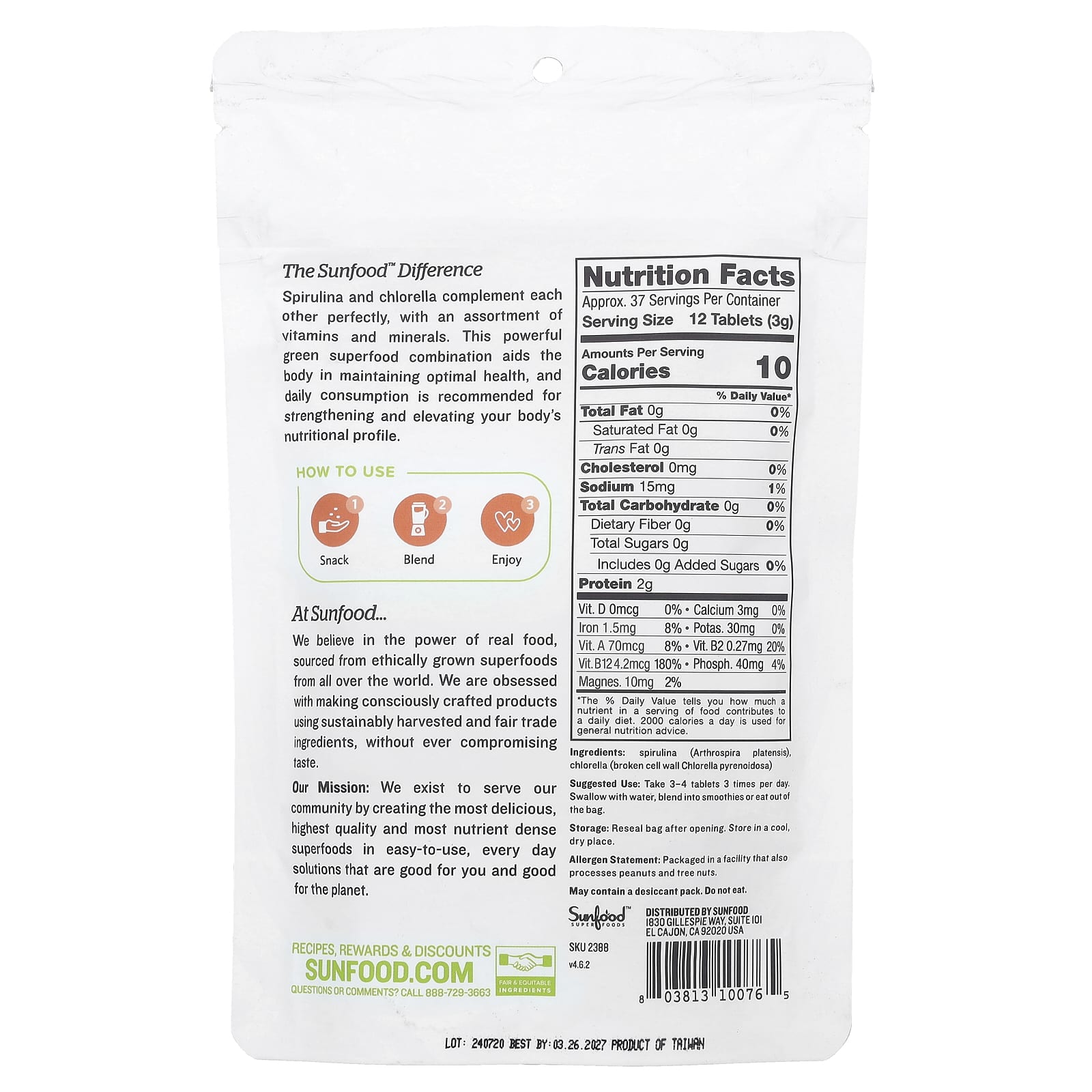 Sunfood, Super Algae Tablets Spirulina & Chlorella, 250 mg, Approx. 456 Tablets - Image 2