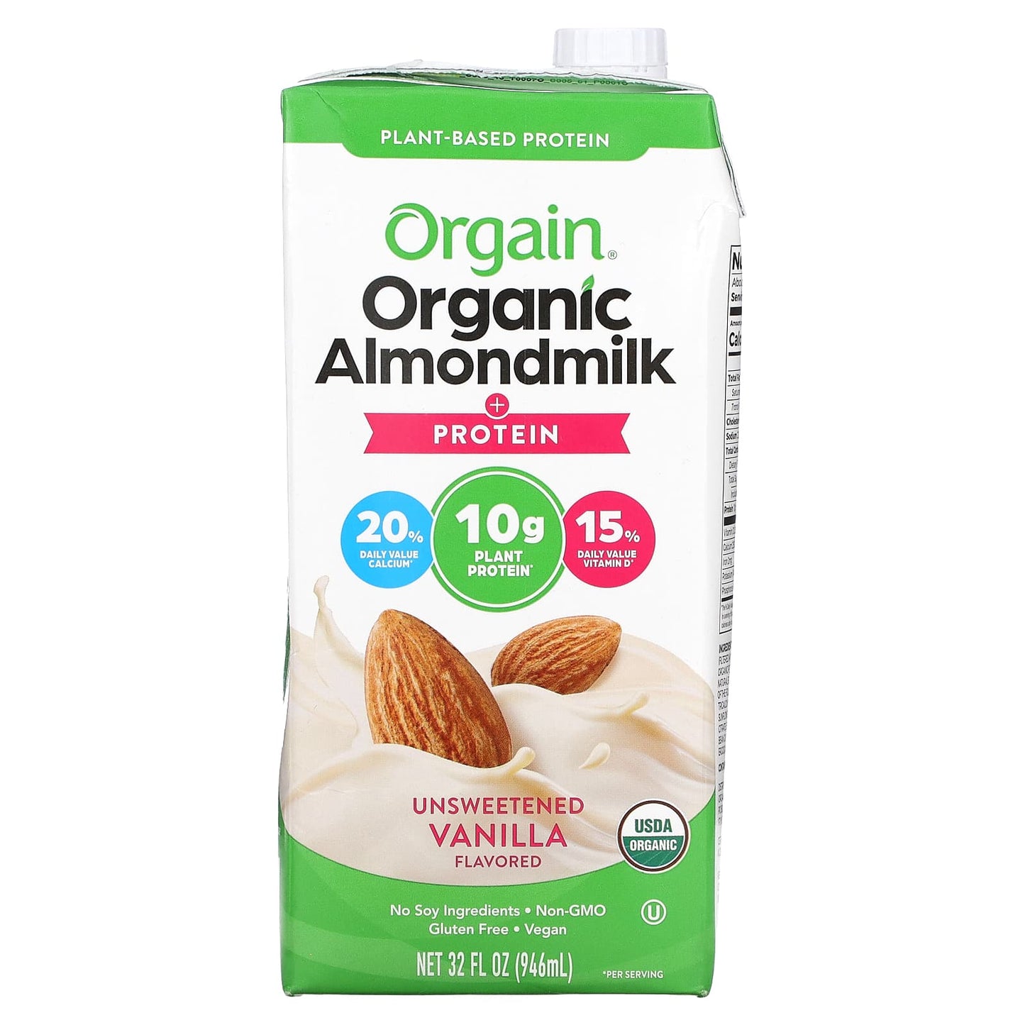 Orgain, Organic Almondmilk  + Protein, Plant-Based, Unsweetened Vanilla, 32 fl oz (946 ml) - Image 1