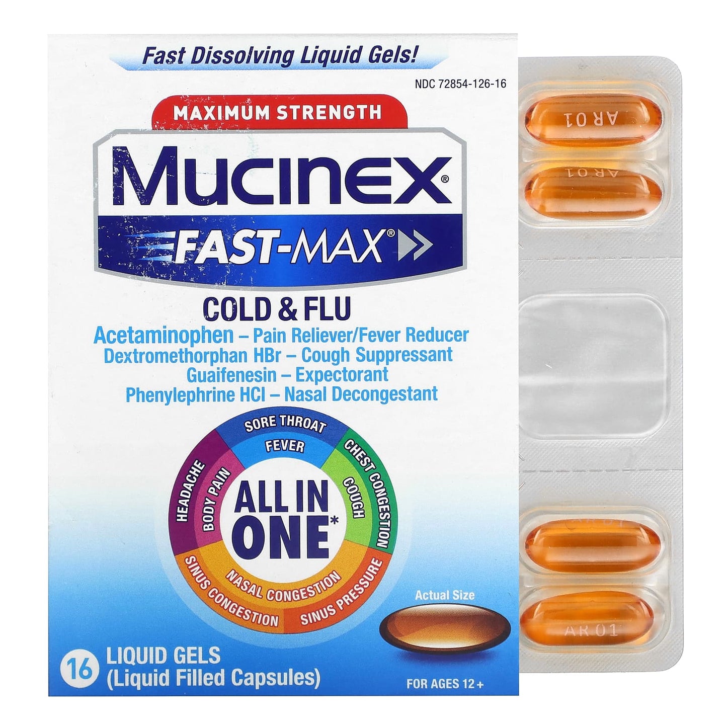 Mucinex, Fast-Max Cold & Flu, Maximum Strength, For Ages 12+, 16 Liquid Gels - Image 1