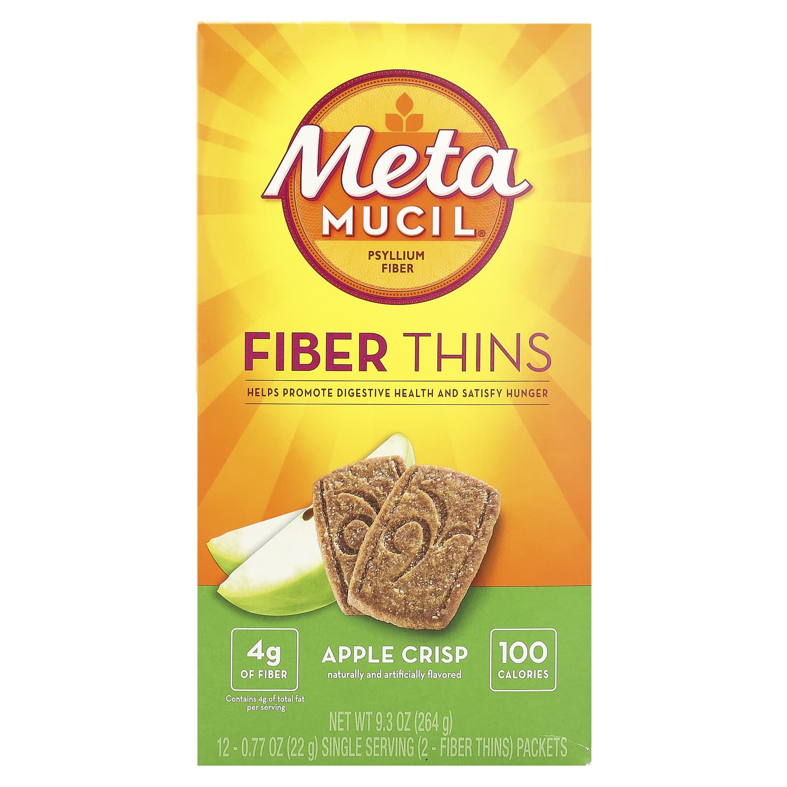 Metamucil, Fiber Thins, Apple Crisp, 12 Packets, 0.77 oz (22 g) Each - Image 1