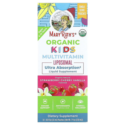 MaryRuth's, Organic Kids Multivitamin Liposomal, Ages 4-13 Years, Strawberry, Cherry, Vanilla, 14 Pouches, 0.5 fl oz (15 ml) Each - Image 1
